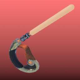 The wooden grip with an orange glowing cylinder extruded from the front