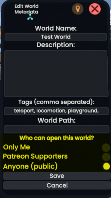 Screenshot of the world meta-data screen showing "Anyone" selected under "Who can open this world?"