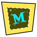 Yellow jagged square with the letter "M" in its center