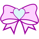A pink ribbon with a purple outline that has a white heart in the middle