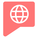 Red speech bubble with a planet icon inside.