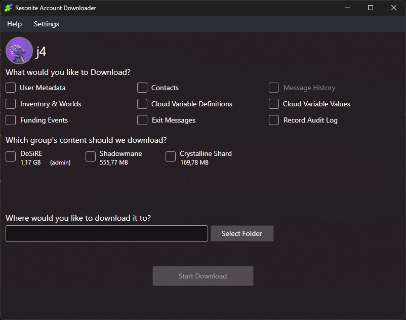 Logged-in view of the Resonite Account Downloader showing options to download from contacts to the inventory and on the bottom, a path selection for the download folder.