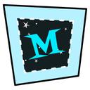 Cyan jagged square with the letter "M" in its center