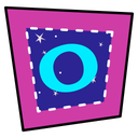 Pink jagged square with the letter "O" in its center