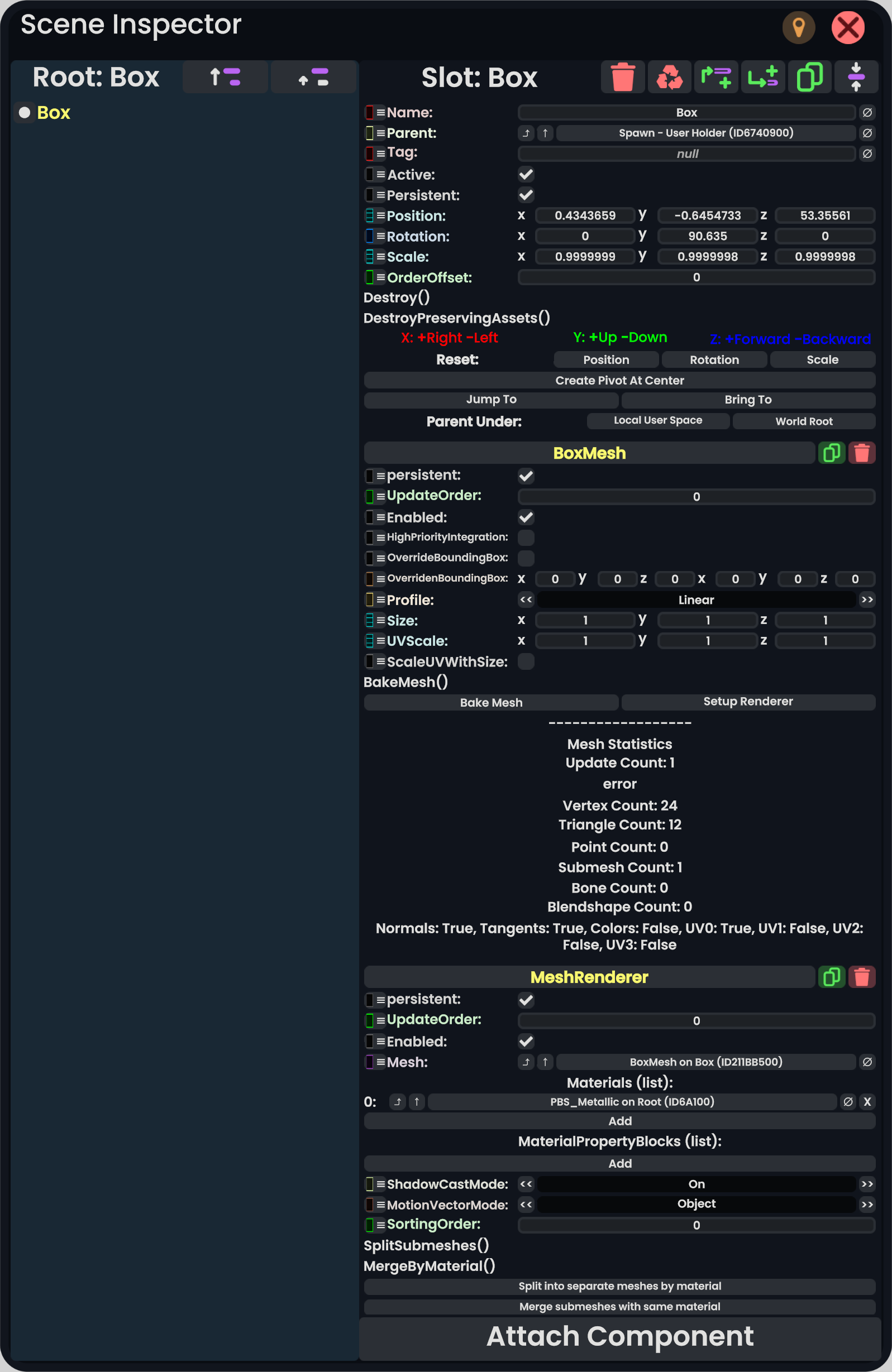 Scene inspector window being divided in two columns. On the left the hierarchy of the object and the right showing all the components on the selected slot