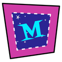 Pink jagged square with the letter "M" in its center