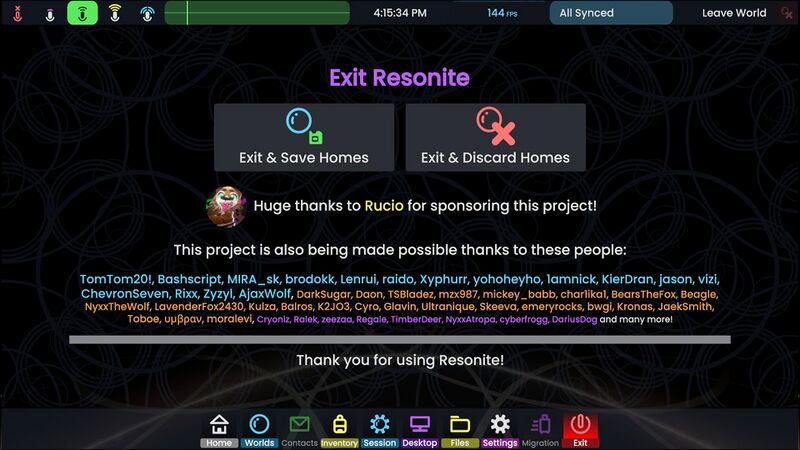 Dashboard on the "Exit" tab, showing two options to leave the game, as well as a thanks for a random sponsor and random Patreon supporters. On the very bottom, an exit message.