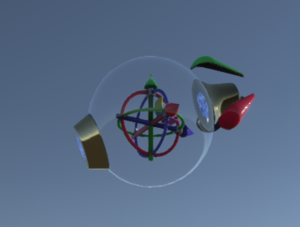 The Resonite dev tool being a glass sphere containing a gizmo and on its top, three red green and blue wings