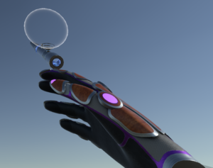 Material tool being a transparent orb on top of a small spray paint gun, equipped on the hand of the default avatar