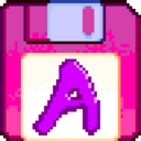 A pink floppy disk with the purple colored letter "A" in its center