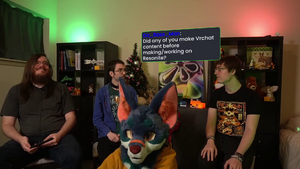 Frooxius, Cyro, ProbablePrime, and Chroma (wearing a fursuit head), hosting a special IRL Resonance episode.