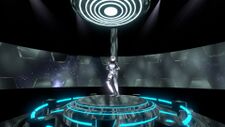 An avatar on a podium moving around.