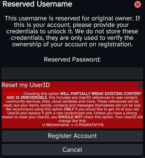 Fenêtre disant que le nom d'utilisateur est réservé. Il y a une grosse partie rouge qui permet aux utilisateurs de réinitialiser leur ID d'utilisateur.
