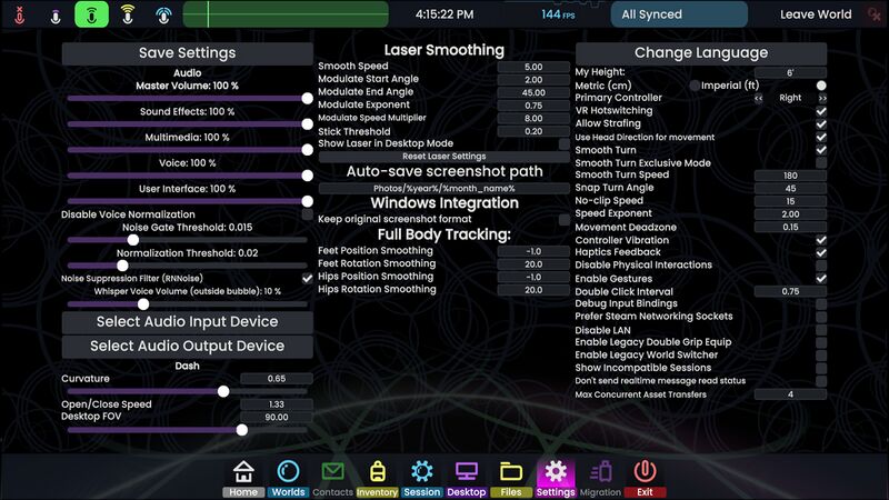 Dashboard on the "Settings" tab, showing three columns of settings, the left one focusing on audio, the middle one having settings concerning fullbody tracking or laser smoothing and the right one containing most settings such as language or the user's height.