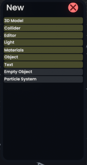 Small window with the title "New" displaying a list of 3D models and other objects the user can create.