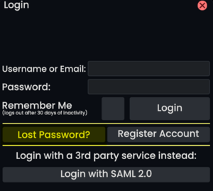 Screenshot of Resonite showing the login form with the "Lost Password?" button highlighted.