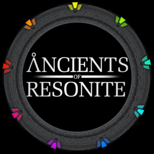 A Stargate with multicolored chevrons. The text "Ancients of Resonite" is in the center.