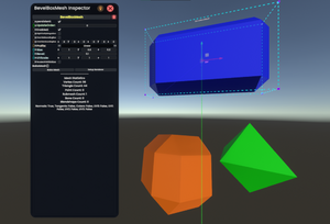 Three bevel box meshes of different colors and sizes.