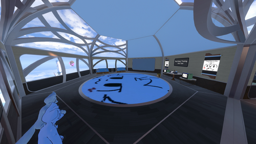 Hexagonal room showing boykisser avatars, TVs and a certification machine.