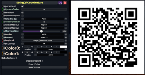 On the right, the QR code generator component with on the left its generated texture showing a QR code.