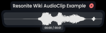 Audio clip with the title "Resonite Wiki AudioClip Example" showing a white waveform