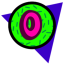 Green circle with a pink "O" letter in its center