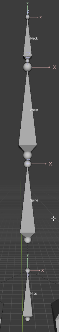 Blender viewport showing bones, going from bottom to top: Hips, Spine, Chest and Neck.