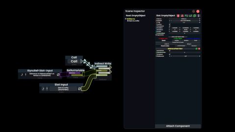 A basic setup for making an Indirect Write write to a field shown in the inspector.