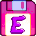 A pink floppy disk with the purple colored letter "E" in its center