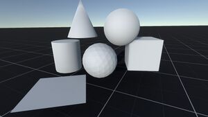 Various shapes in a gridspace world containing a plane, sphere, cone, box and a cylinder