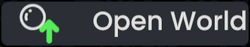 Button with hthe "Open World" text with a small white circle and green arrow pointing up icon