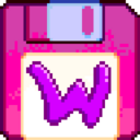 A pink floppy disk with the purple colored letter "W" in its center