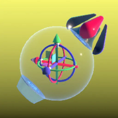 The Resonite dev tool being a glass sphere containing a gizmo and on its top, three red green and blue wings