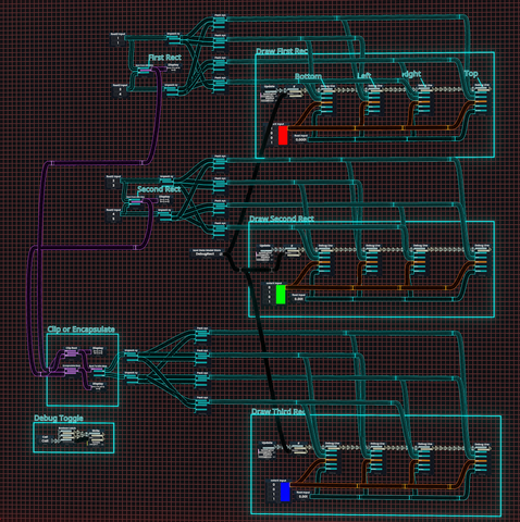 Some code that draws 3 rects (using Debug Line nodes), Rect 1 = Red, Rect 2 = Green, Rect 3 = Blue.