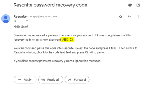 Screenshot of an email client showing a typical Resonite password recovery email. The recovery code is highlighted.