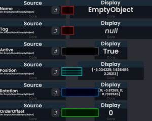 Six source nodes of type string, string, bool, float3, floatQ, and int all outputting to display nodes.