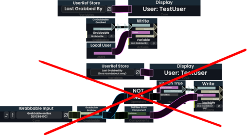 An example of On Grabbable Grabbed being used with a Local User (which is better) vs using a fire on not null using a Grabbable Grabber and having to use a user and having to check the grabber for who grabbed it.