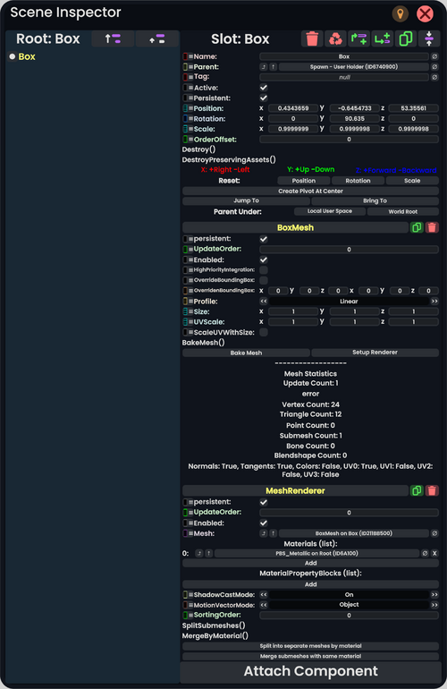 Scene inspector window being divided in two columns. On the left the hierarchy of the object and the right showing all the components on the selected slot