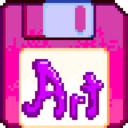 A pink floppy disk with the purple colored word "Art" in its center
