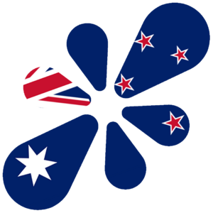 Resonite Down Under Logo. Shape of the Resonite logo with the Australian flag and New Zealand flag in the background.