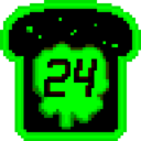 A lime green outline of a piece of bread with lime green jam and the number "24" in its center