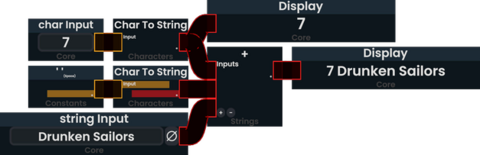 The characters "7" and a space are plugged in to a Char to String node. On the bottom, a string input of "Drunken Sailors" in present. All 3 strings are plugged in to a Concatenate Multi String, where hte output is "7 Drunken Sailors"