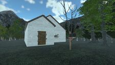 A house where the front door is covered with wooden plank.
