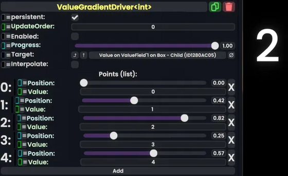 A ValueGradientDriver is set up with five int values. The progress is fixed at 1 and each point's value is set to its index. Interpolation is disabled. The index of the point with the greatest position is output.