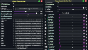 Two inspector windows. One shows a DirectVisemeDriver with a source of "VisemeAnalyzer on Head Proxy" and each viseme fed into a ValueGradientDriver point's position slot. The ValueGradientDriver has a progress of 1 and currently a target of null.