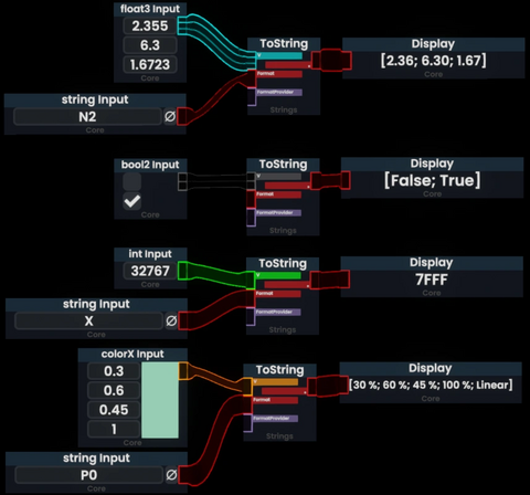 Four examples of converting various primitives to string. Three of the examples use Standard Numeric Format Strings.