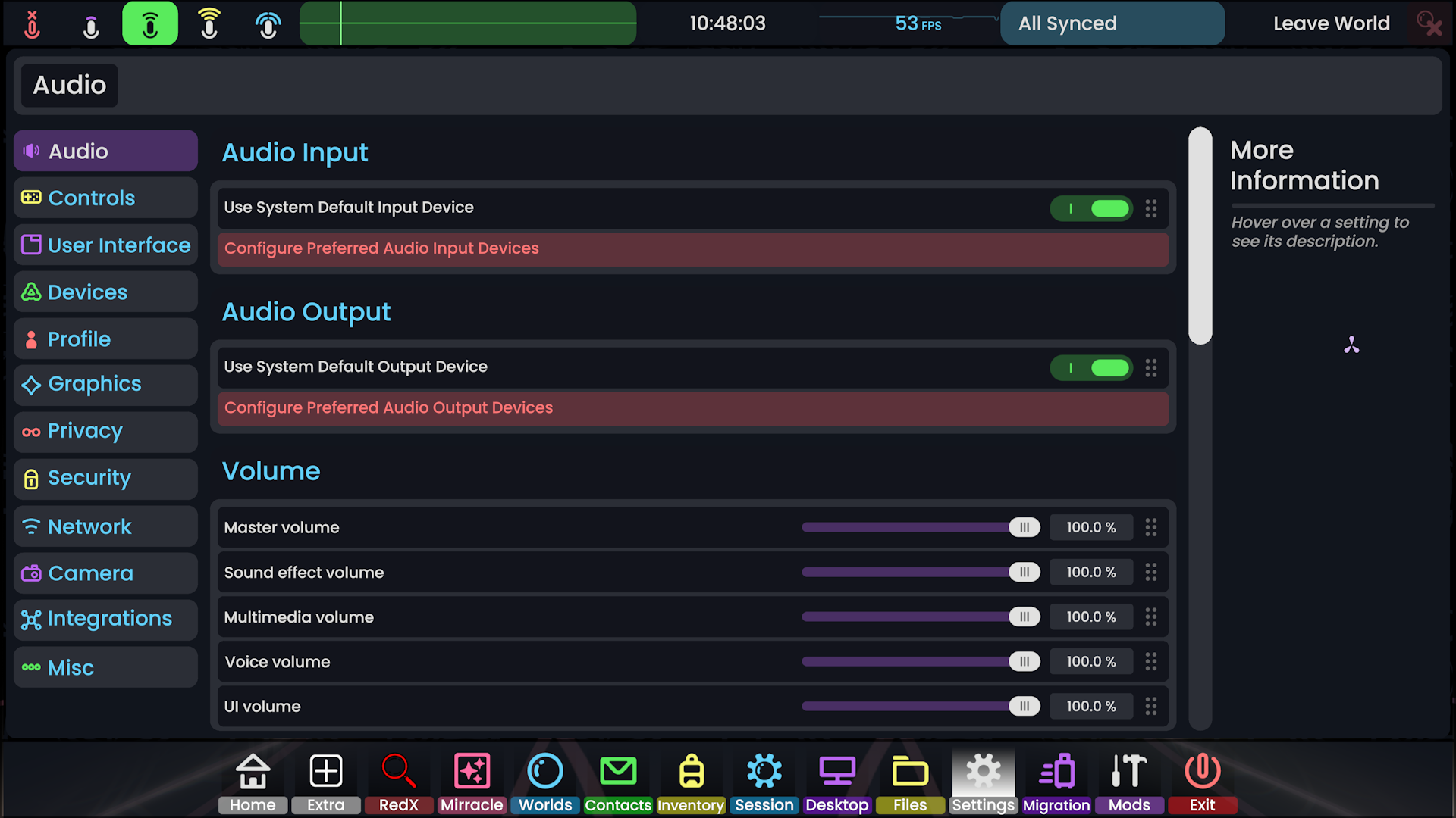 An image of the new settings menu, at the top are the "breadcrumbs" which show where you are currently located, on the left is a list of tabs, currently audio is selected, in the middle is the actual settings panel with all of the options and on the right is a "More information" tab which reads: "Hover over a setting to see its description"