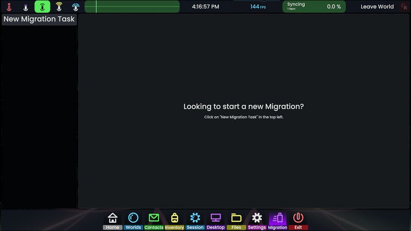 Dashboard on the "Migrations" tab, showing a blank page withh the text "Looking to start a new migration? Click on the "New migration task" button in the top left." The top left has a "New Migration Task" button.