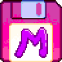 A pink floppy disk with the purple colored letter "M" in its center
