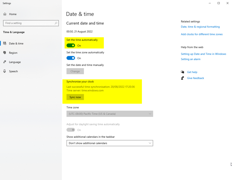 Windows Date & Time settings with the switch "Set the time automatically" and "Synchronise your clock" highlighted